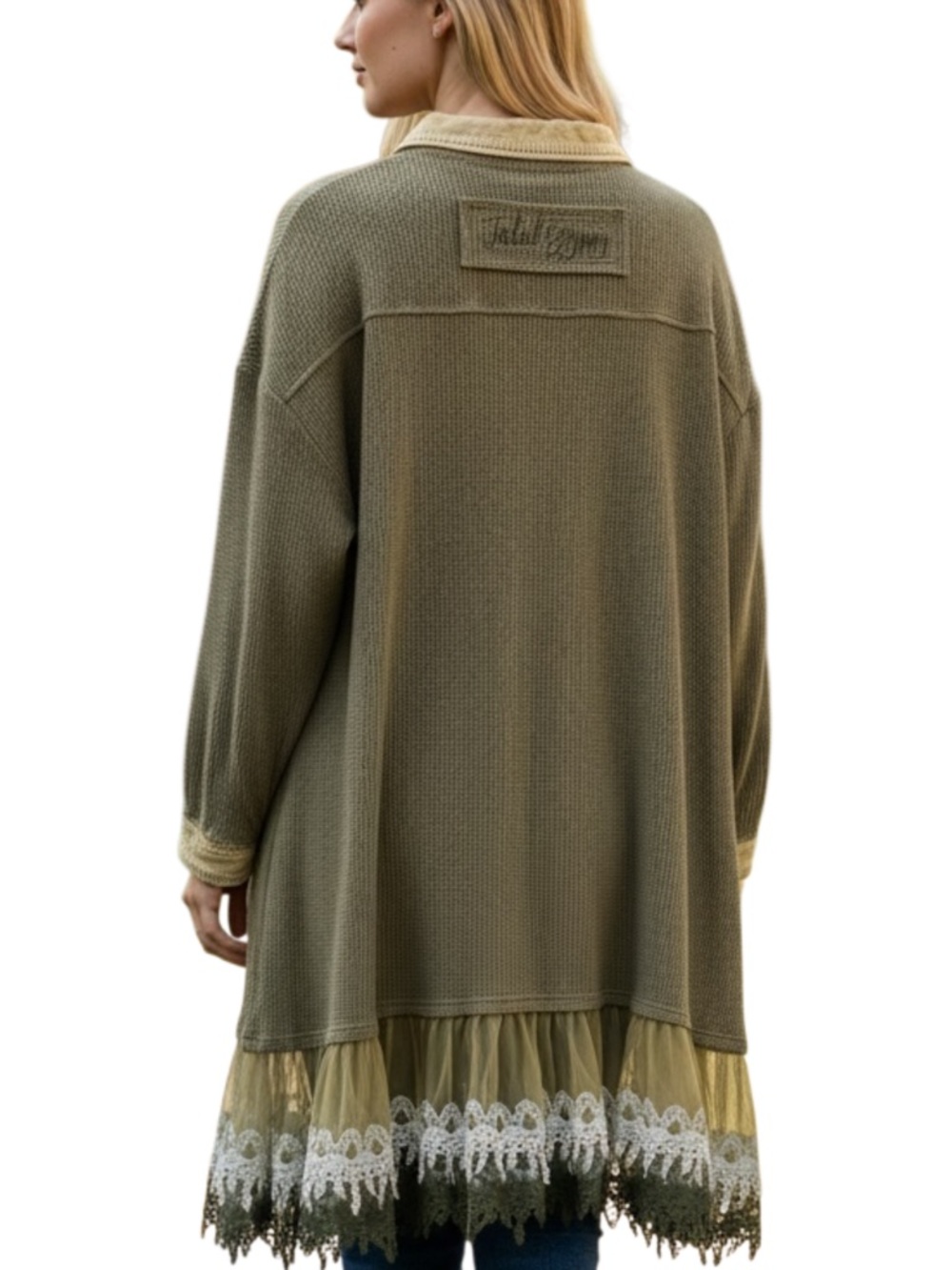 Jaded Gypsy L/XL Olive Waffle Knit Duster/Dress Lace Trim Hem GORGEOUS - Picture 4 of 12